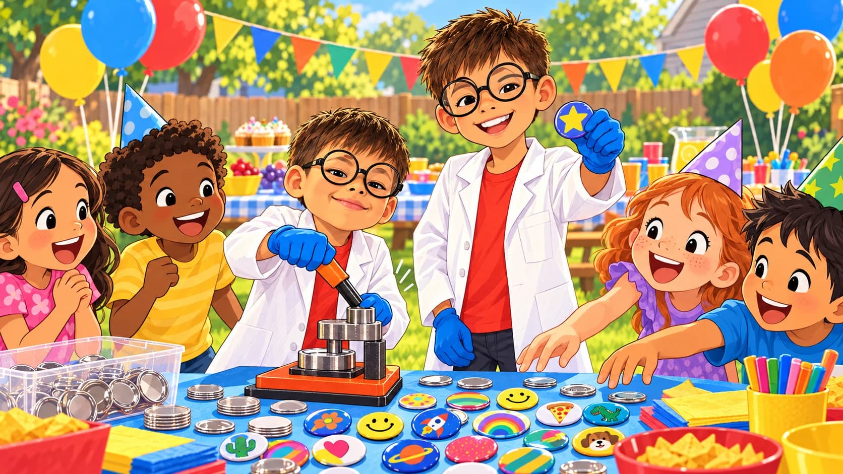 Illustration of Max and Gus in lab coats and goggles pressing a button at an outdoor birthday party while excited guests crowd around