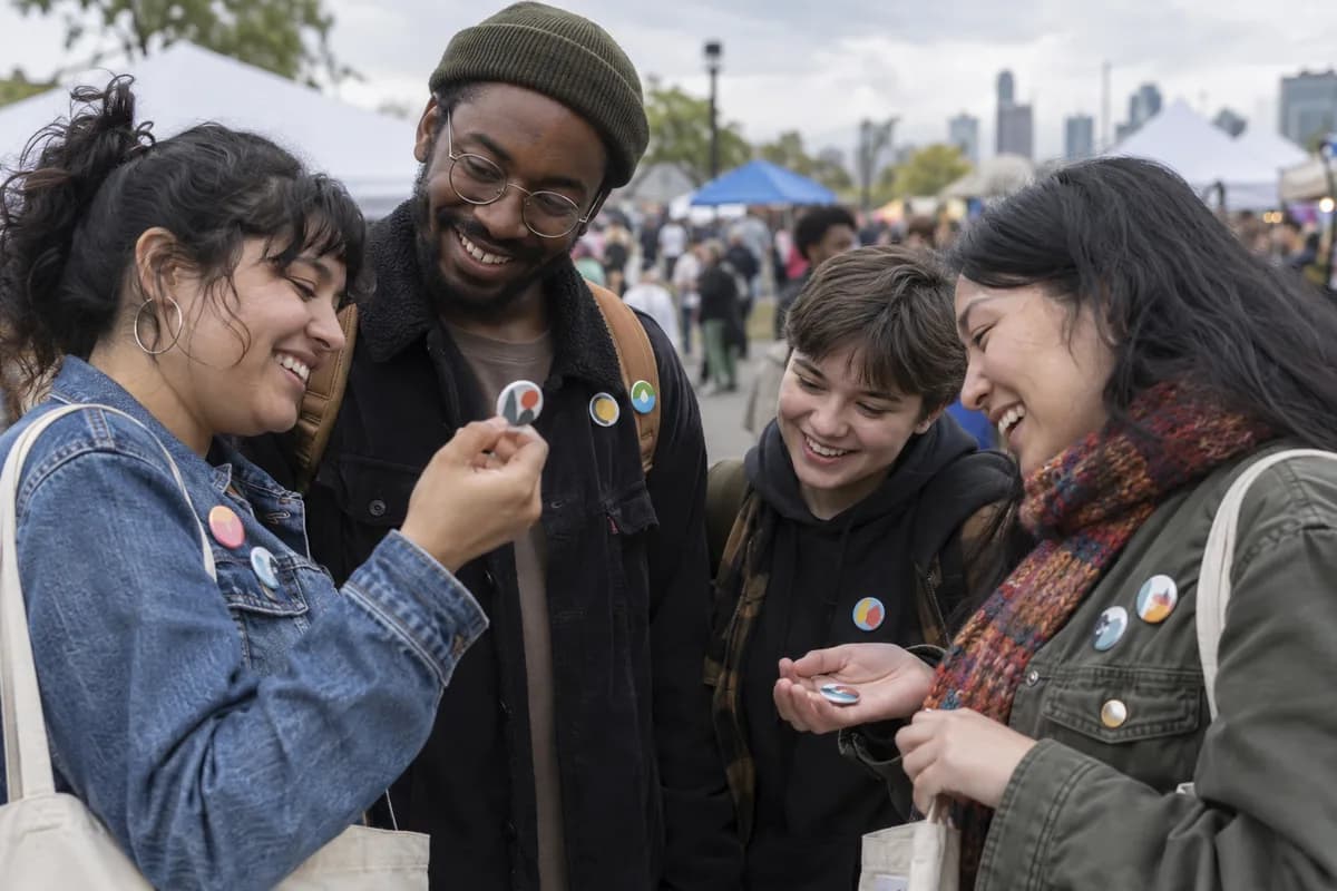 Four friends at an outdoor event laughing while they compare and trade pin-back buttons on their jackets