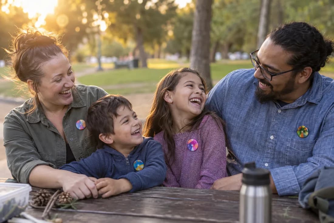 A family of four at a picnic table outdoors, each wearing a pin-back button