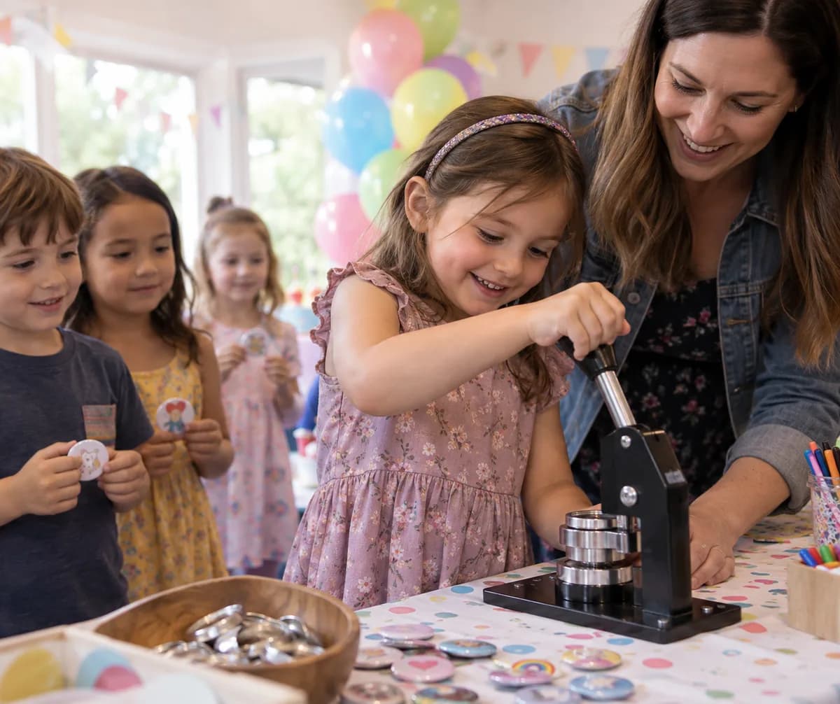 A young child pulling the lever on a button press at a party station while a grown-up steadies it and other kids wait their turn
